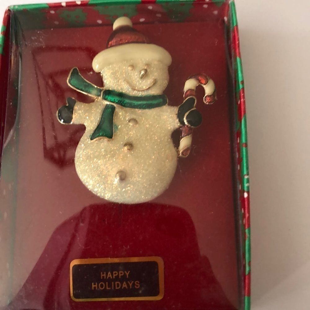 Sparkly Snowman Pin. Mint in box.